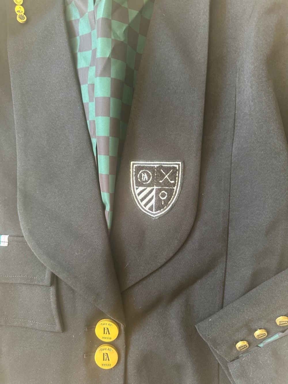 Fore All golf black School-Style Blazer with Crest and Green Check Lining M - Picture 2 of 6